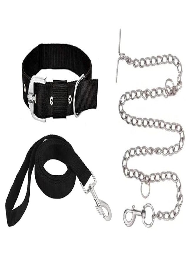 KsPups Combo of 22MM Nylon Collar Belt with Leash and Long Stainless Steel Leash Chain Set Ideal for Dogs and Puppies Outdoor Walking & Training (Black and Silver) - Image 1